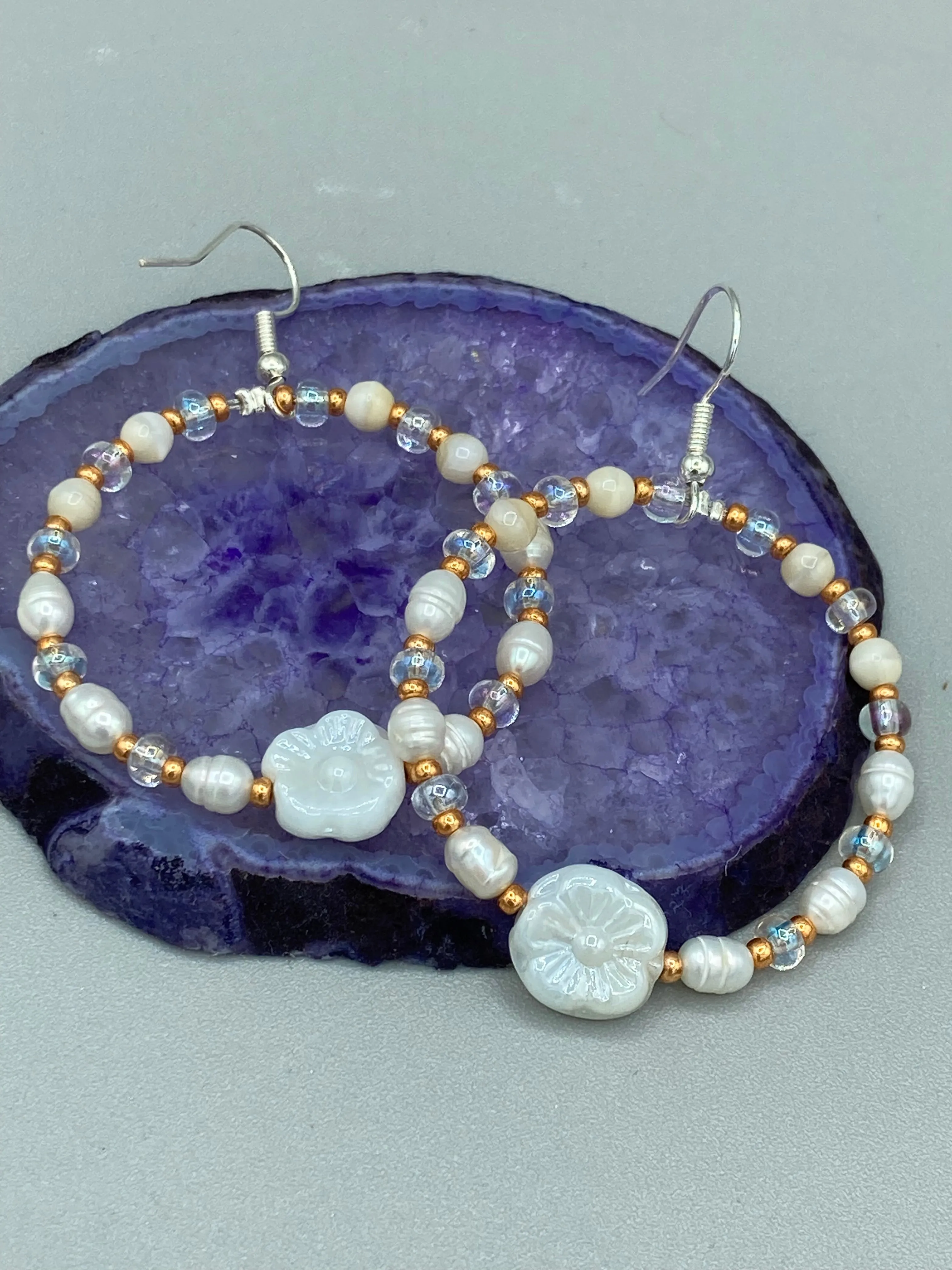 White Floral Glass Beaded Hoop Earrings, Hippie Vibe, Shabby Chic, Boho Chic, Nature Inspired, Bohemian