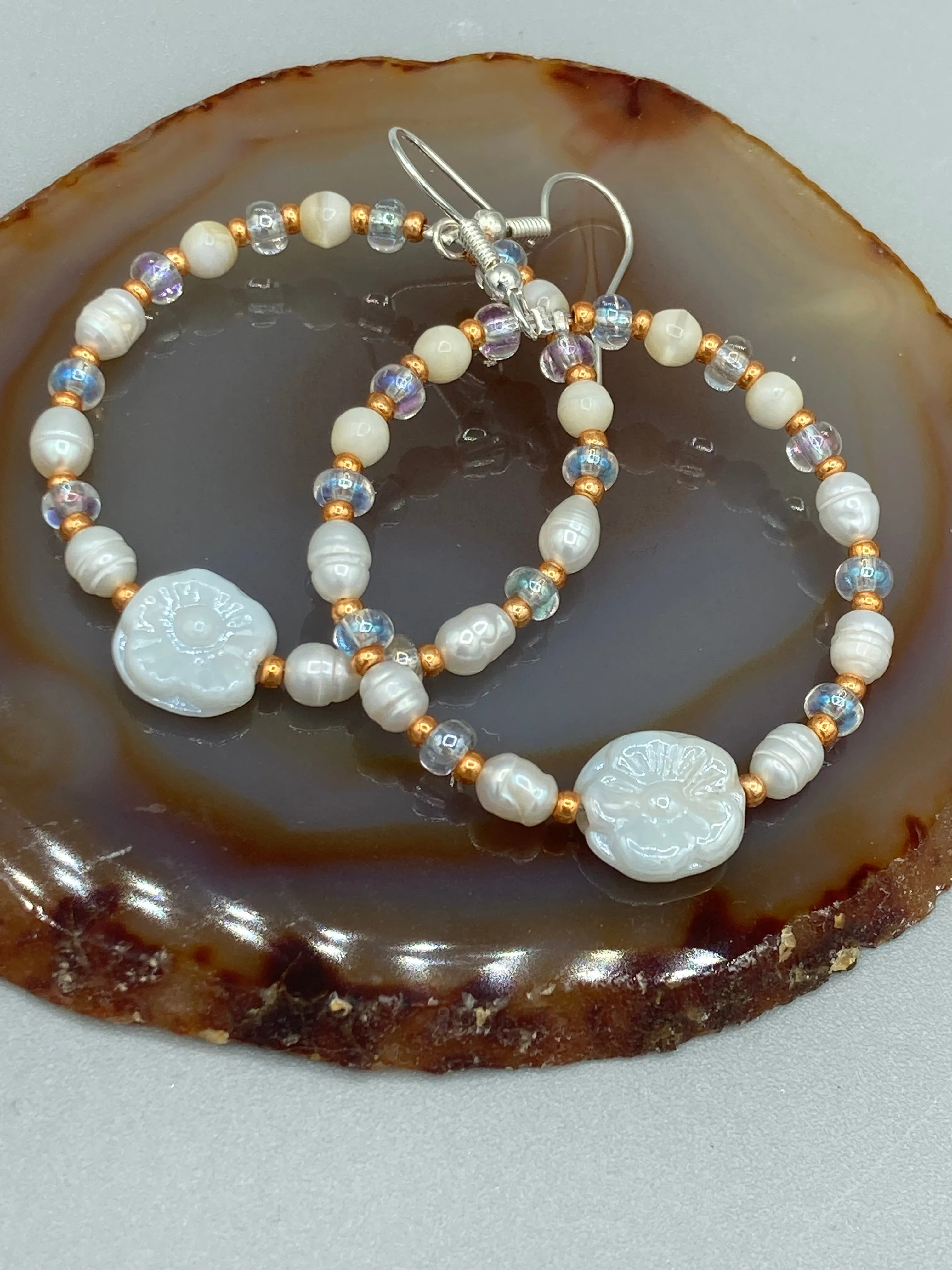 White Floral Glass Beaded Hoop Earrings, Hippie Vibe, Shabby Chic, Boho Chic, Nature Inspired, Bohemian