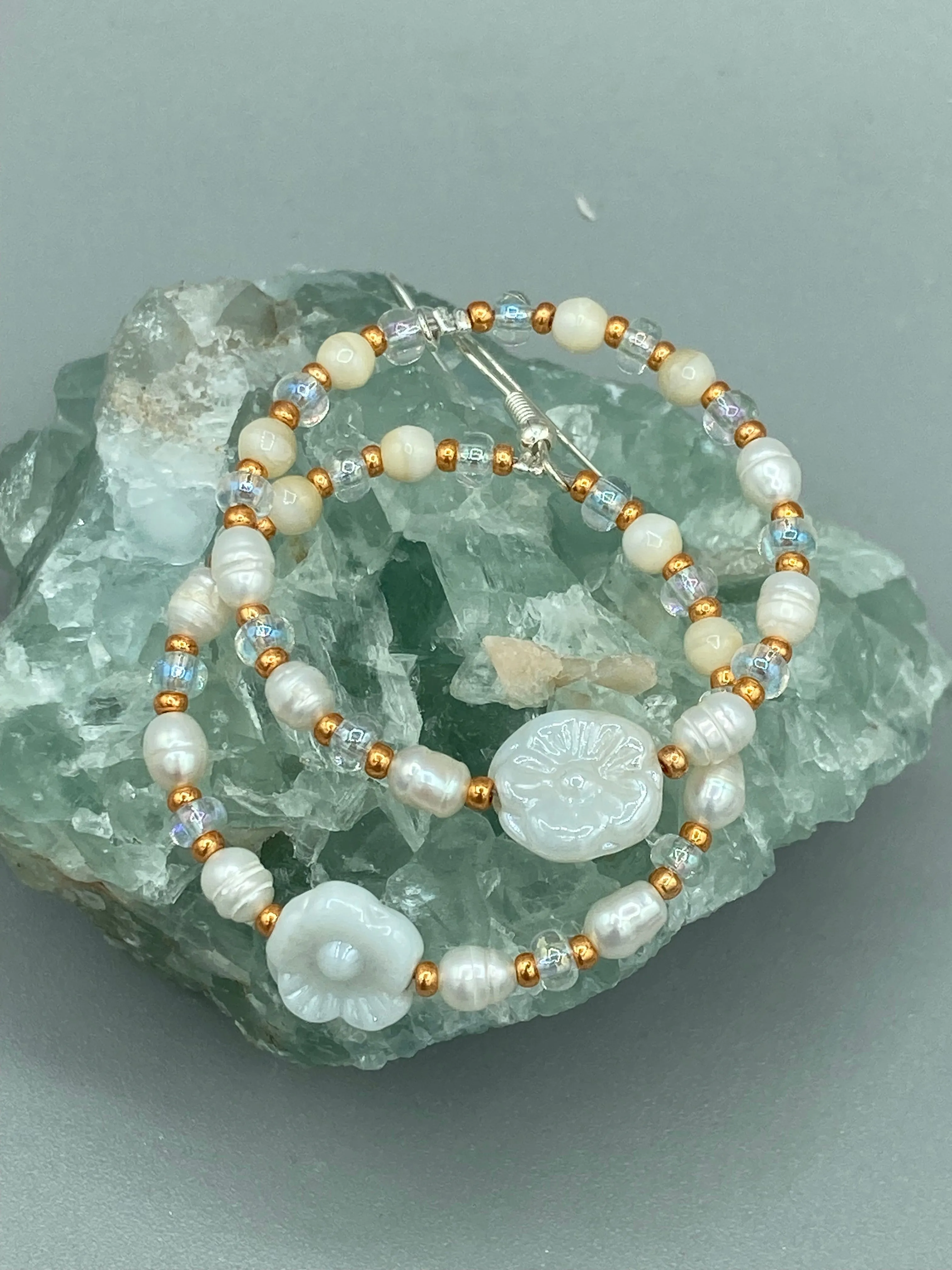 White Floral Glass Beaded Hoop Earrings, Hippie Vibe, Shabby Chic, Boho Chic, Nature Inspired, Bohemian