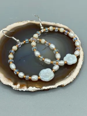 White Floral Glass Beaded Hoop Earrings, Hippie Vibe, Shabby Chic, Boho Chic, Nature Inspired, Bohemian