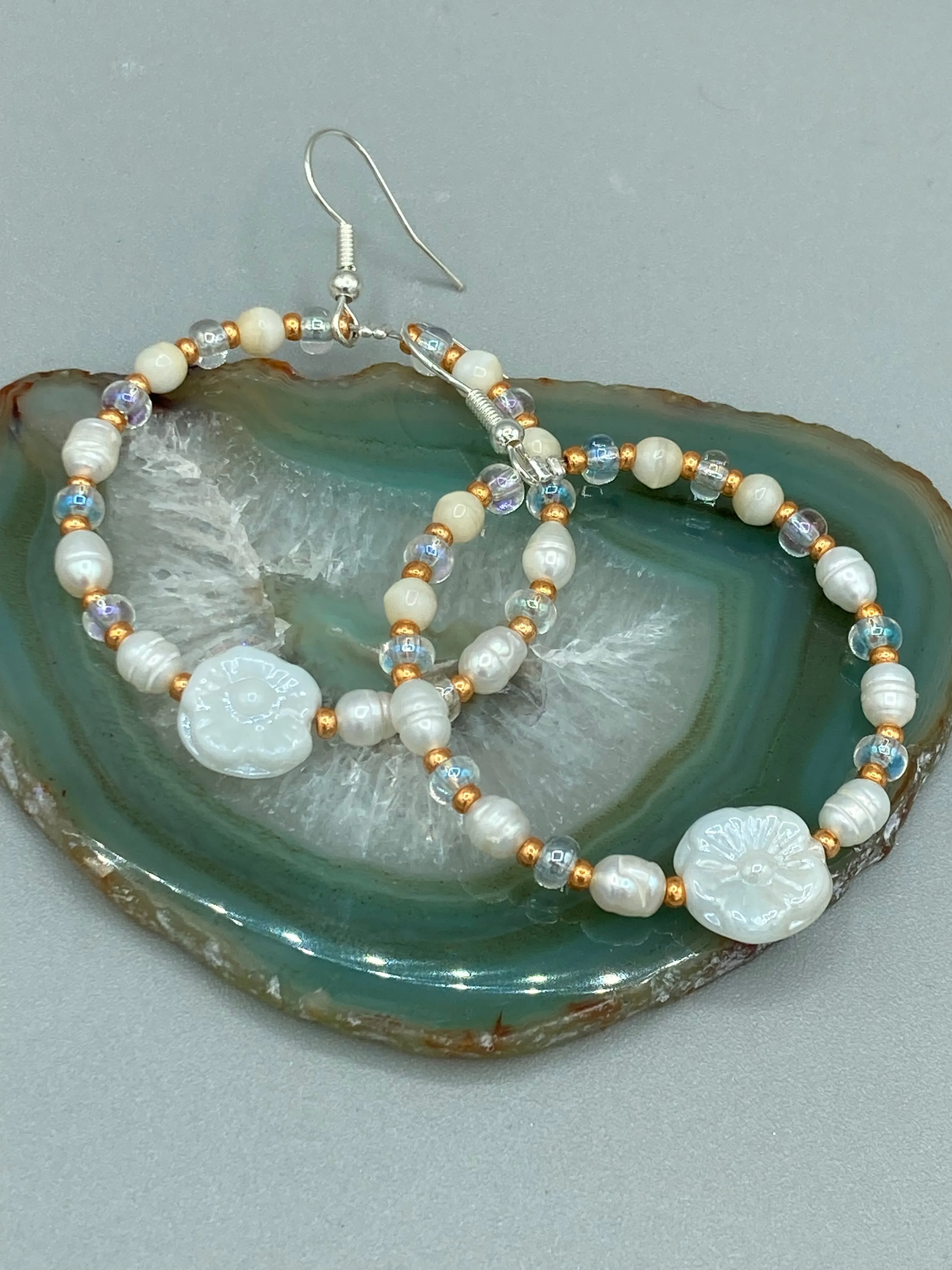 White Floral Glass Beaded Hoop Earrings, Hippie Vibe, Shabby Chic, Boho Chic, Nature Inspired, Bohemian
