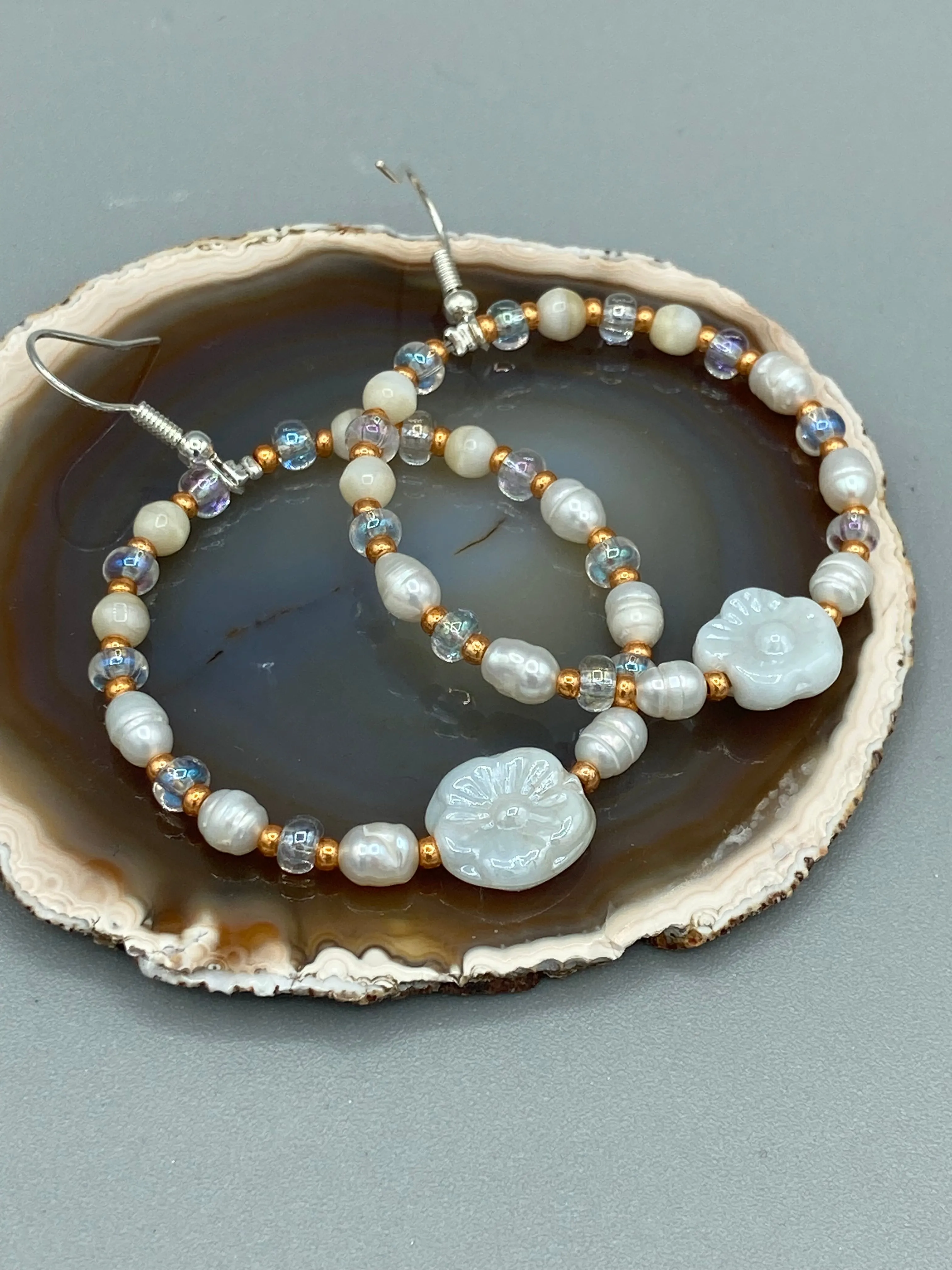 White Floral Glass Beaded Hoop Earrings, Hippie Vibe, Shabby Chic, Boho Chic, Nature Inspired, Bohemian