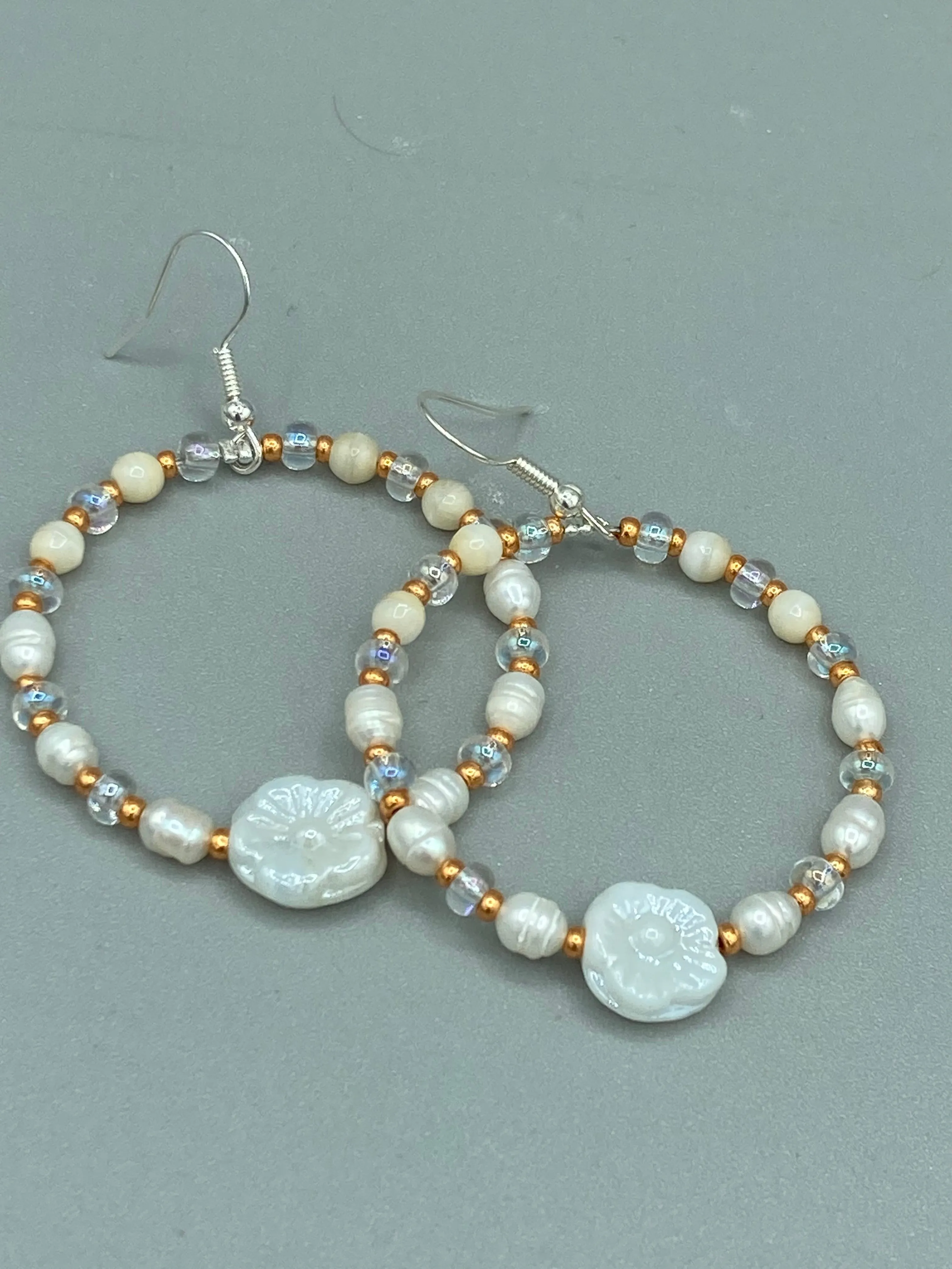 White Floral Glass Beaded Hoop Earrings, Hippie Vibe, Shabby Chic, Boho Chic, Nature Inspired, Bohemian