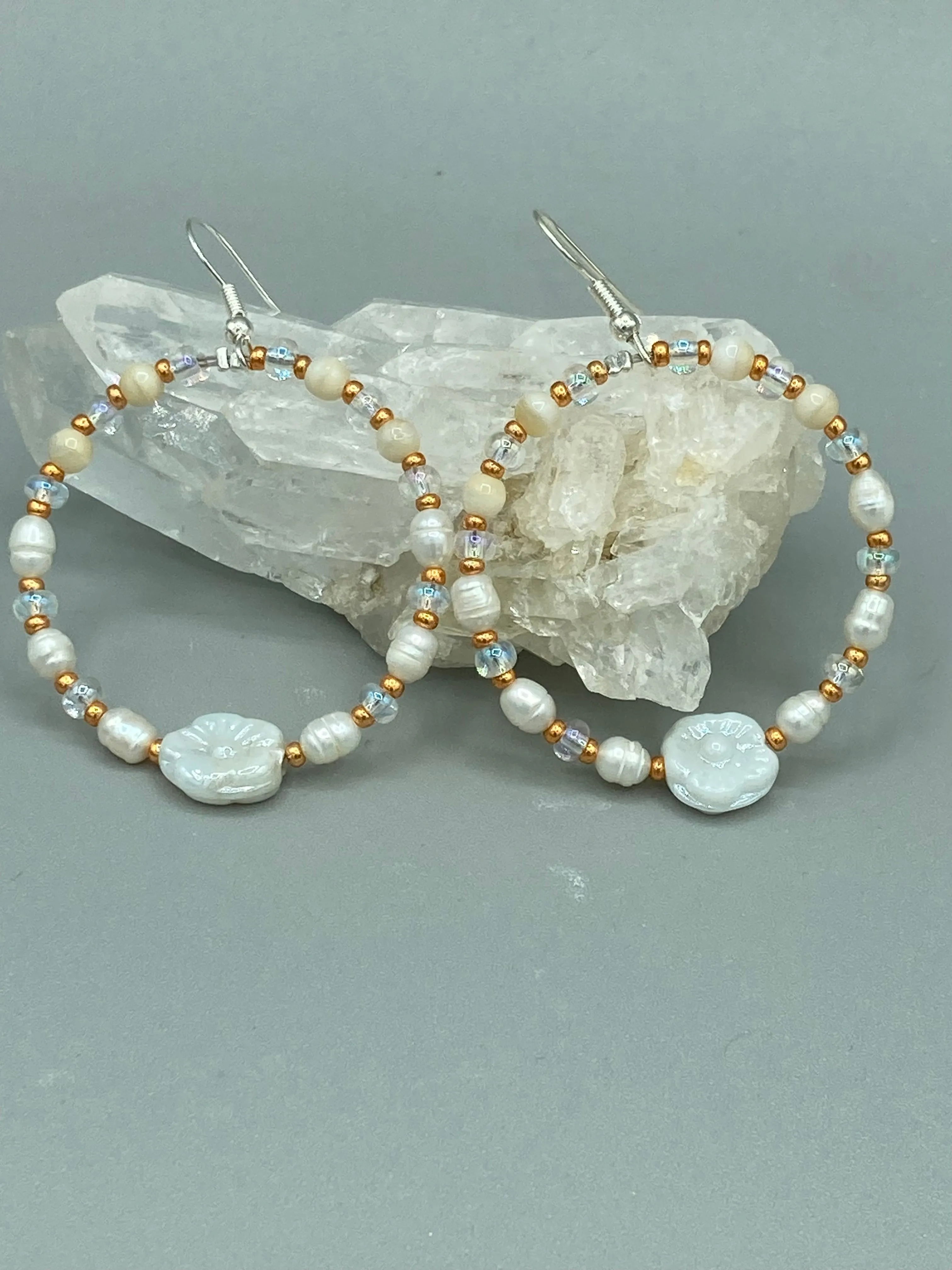 White Floral Glass Beaded Hoop Earrings, Hippie Vibe, Shabby Chic, Boho Chic, Nature Inspired, Bohemian
