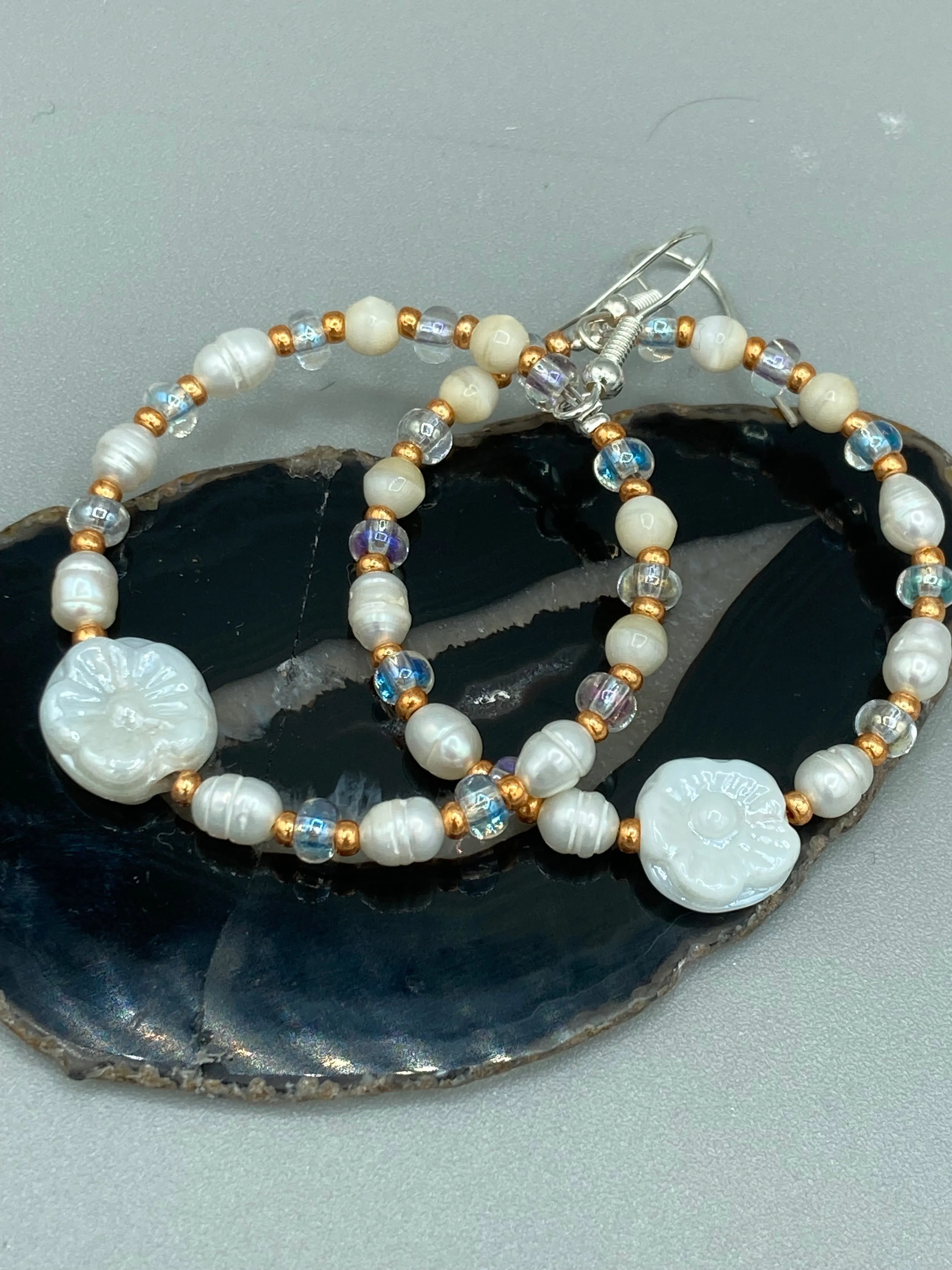 White Floral Glass Beaded Hoop Earrings, Hippie Vibe, Shabby Chic, Boho Chic, Nature Inspired, Bohemian