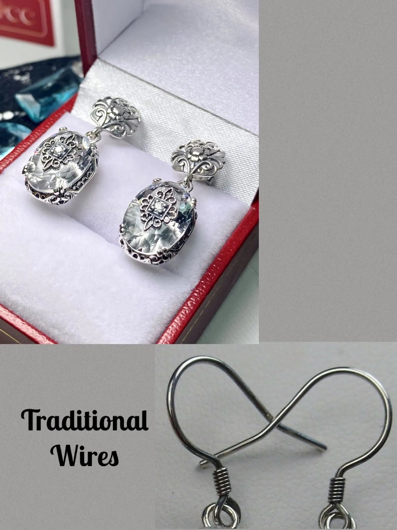 White Topaz Earrings or save 10% on Jewelry Set, Sterling Silver Embellishment, Vintage Edwardian Jewelry #E70e