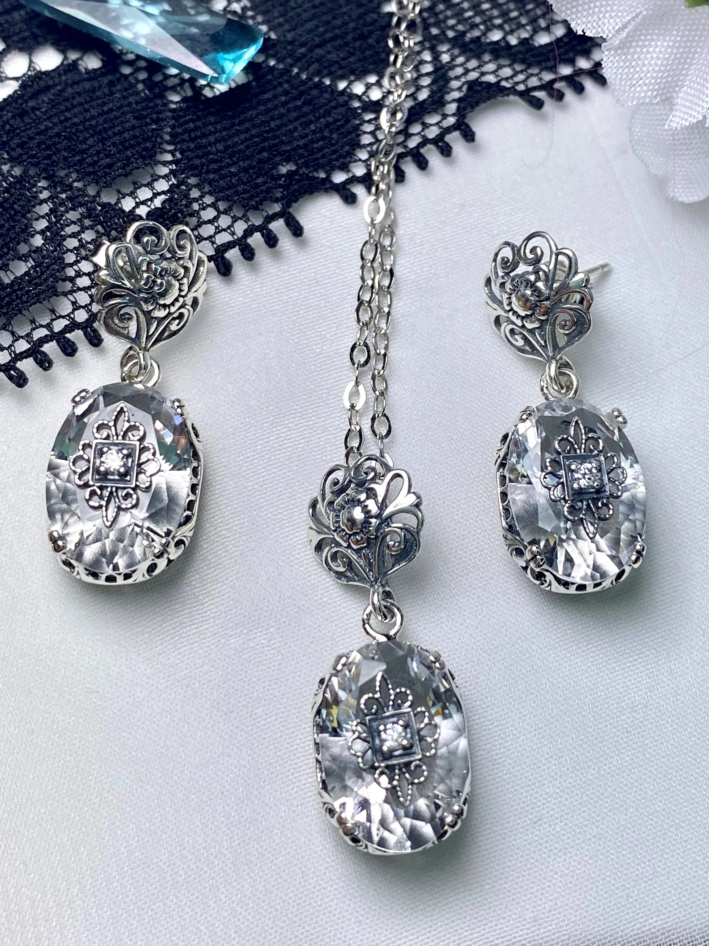 White Topaz Earrings or save 10% on Jewelry Set, Sterling Silver Embellishment, Vintage Edwardian Jewelry #E70e