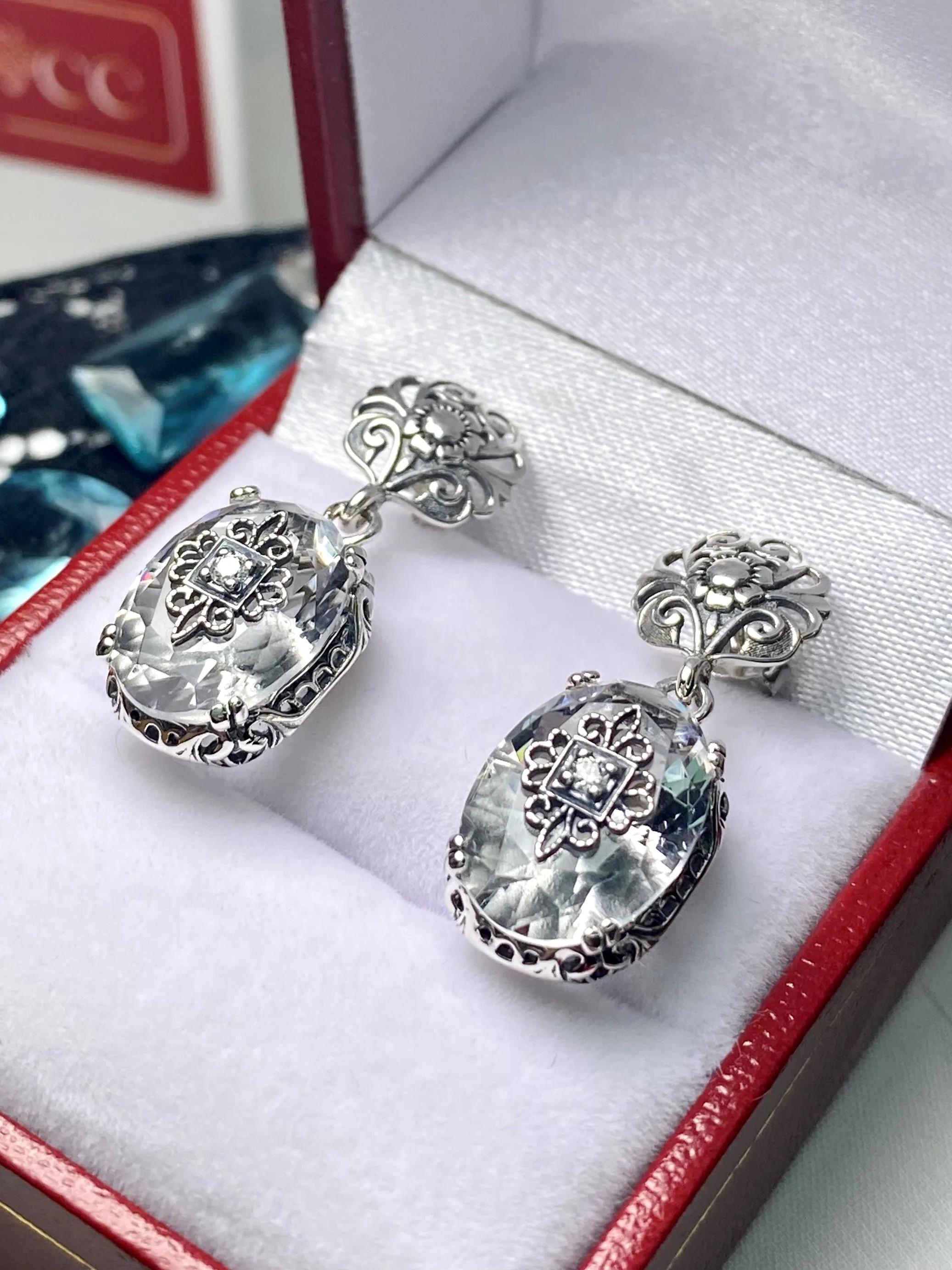 White Topaz Earrings or save 10% on Jewelry Set, Sterling Silver Embellishment, Vintage Edwardian Jewelry #E70e