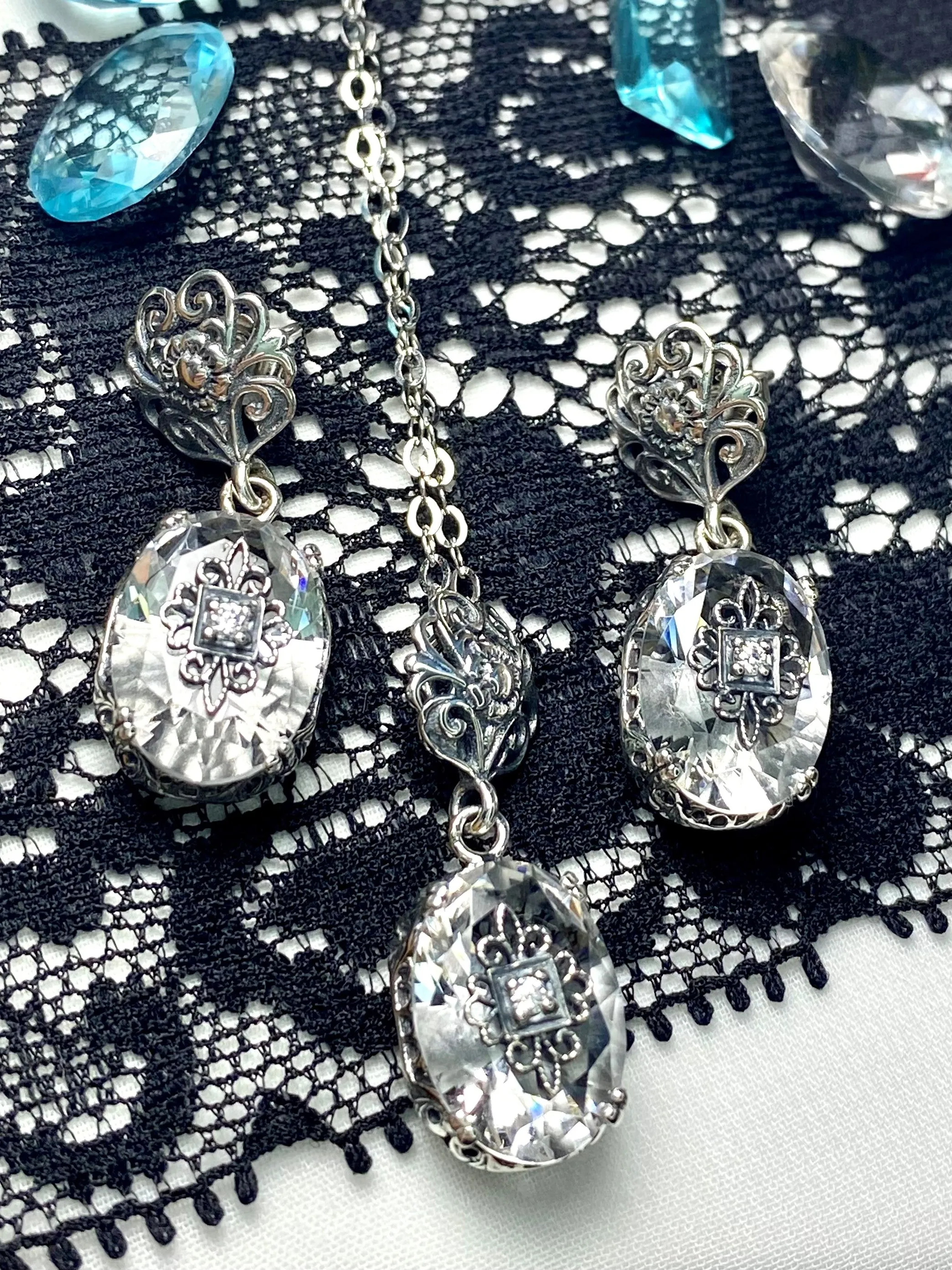 White Topaz Earrings or save 10% on Jewelry Set, Sterling Silver Embellishment, Vintage Edwardian Jewelry #E70e