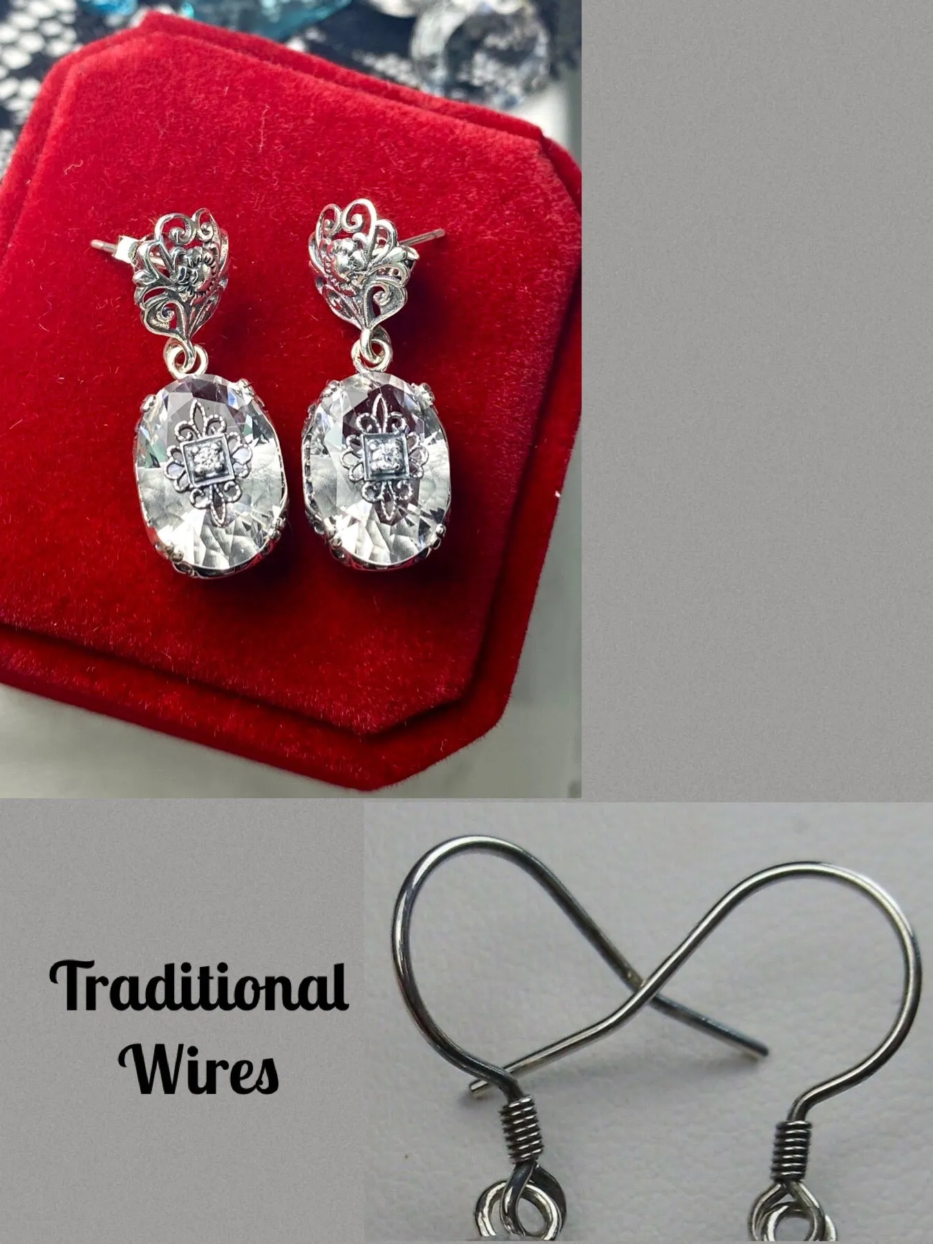 White Topaz Earrings or save 10% on Jewelry Set, Sterling Silver Embellishment, Vintage Edwardian Jewelry #E70e