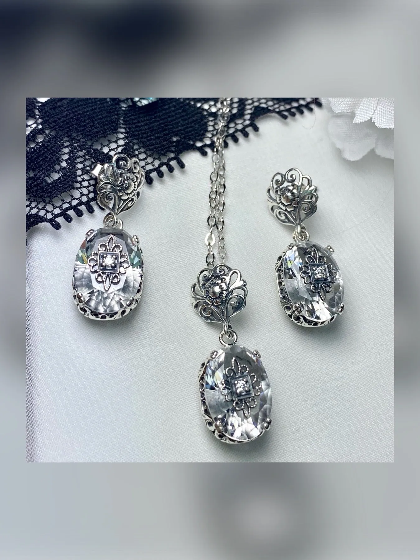 White Topaz Earrings or save 10% on Jewelry Set, Sterling Silver Embellishment, Vintage Edwardian Jewelry #E70e