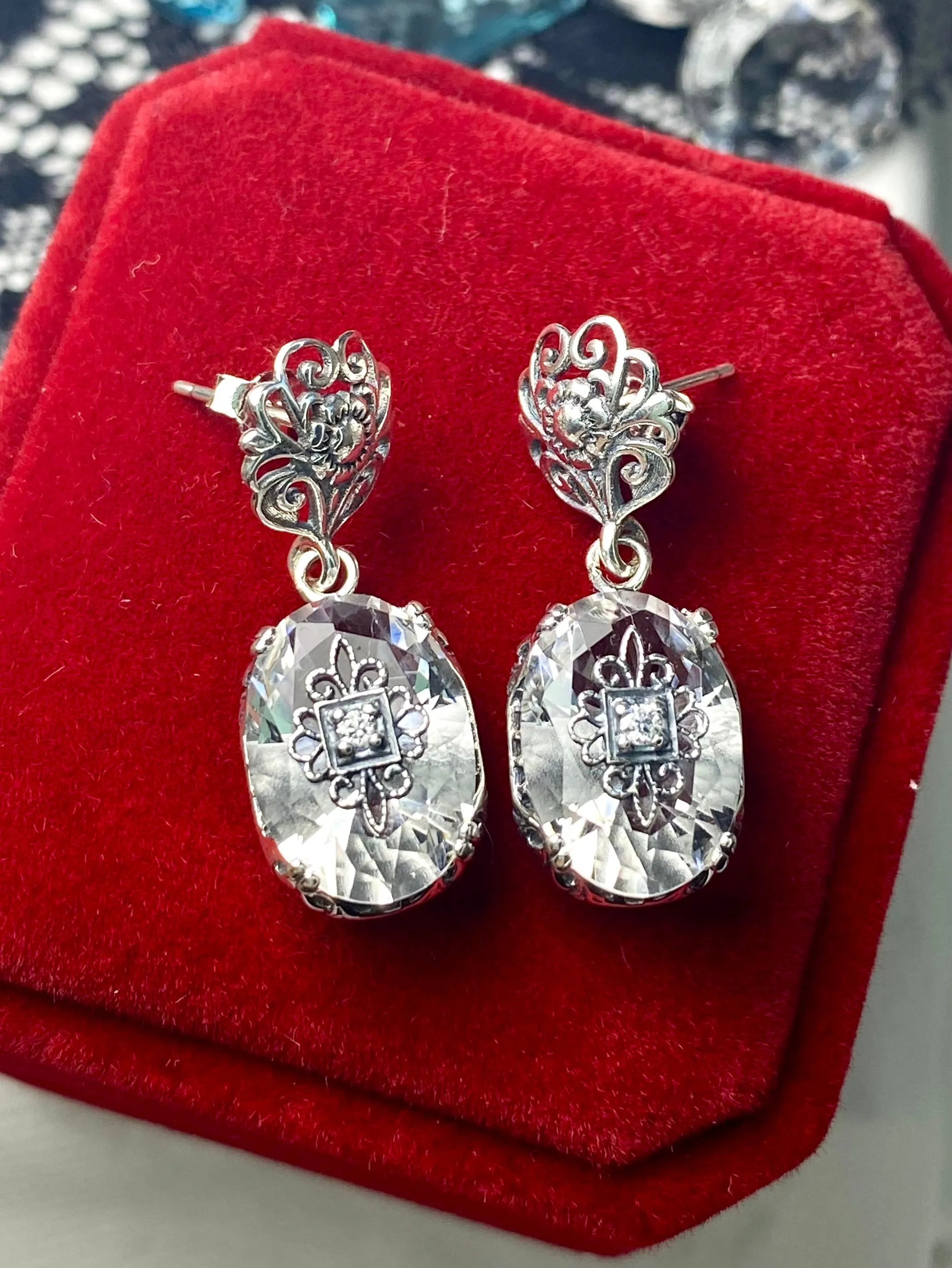 White Topaz Earrings or save 10% on Jewelry Set, Sterling Silver Embellishment, Vintage Edwardian Jewelry #E70e