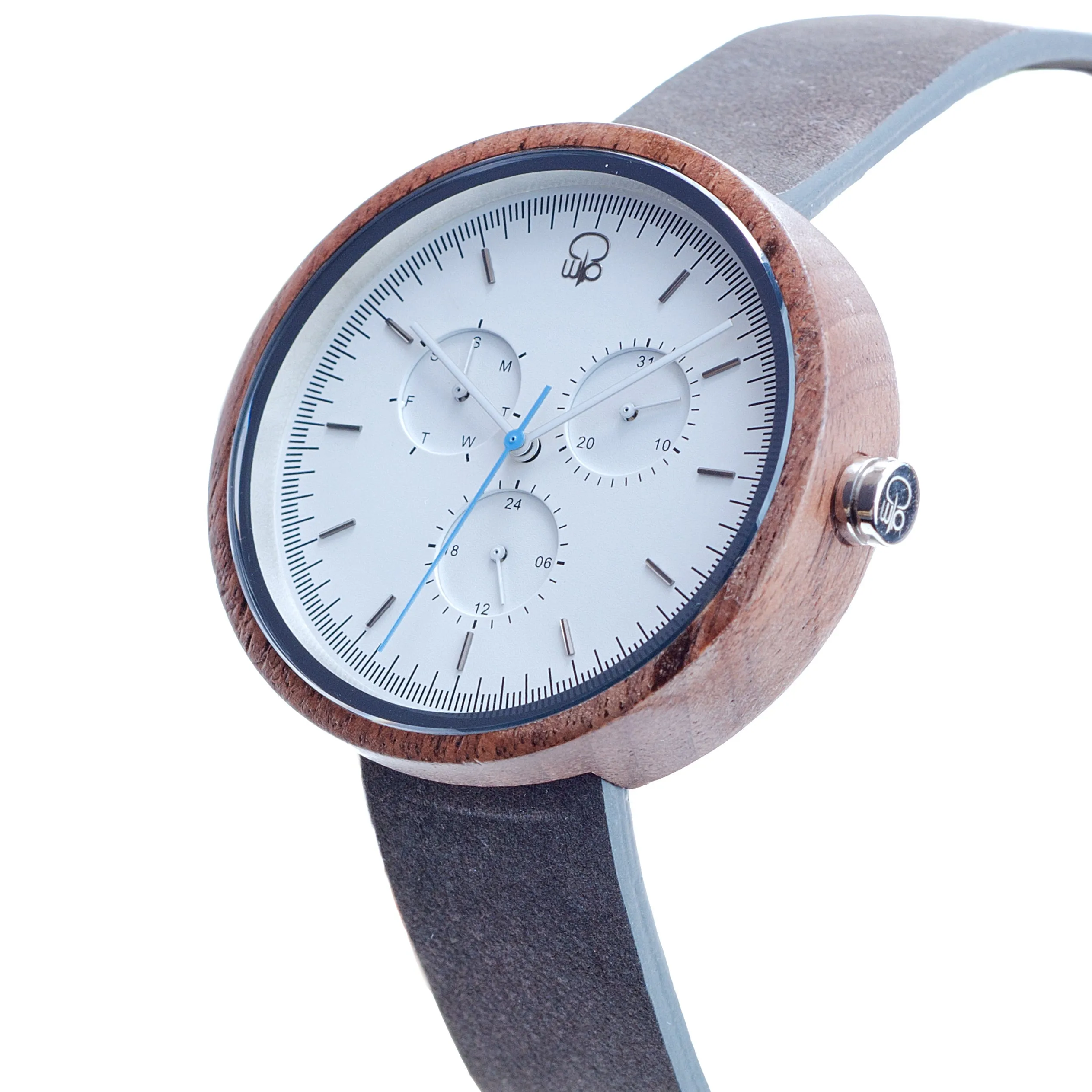 Whitehaven Black Walnut Multifunction Wood Watch - White Dial, Sapphire Crystal, Swiss Quartz Movement | Explorer Series