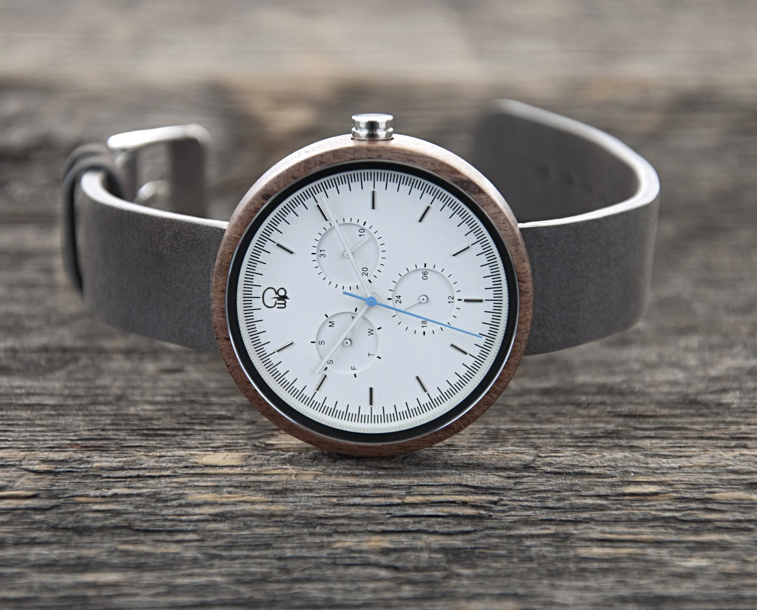 Whitehaven Black Walnut Multifunction Wood Watch - White Dial, Sapphire Crystal, Swiss Quartz Movement | Explorer Series