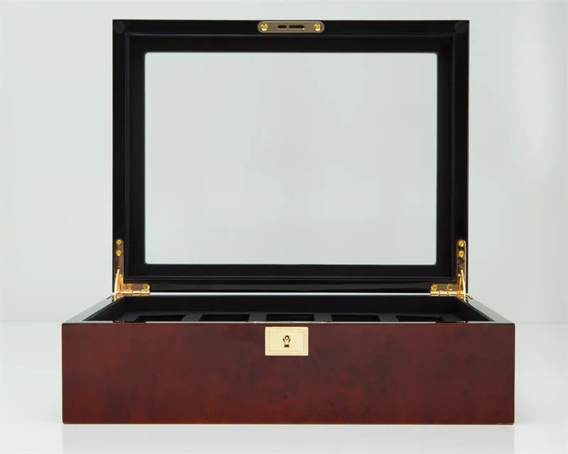WOLF Savoy 10 Piece See Through  Top Watch Box Case Burlwood