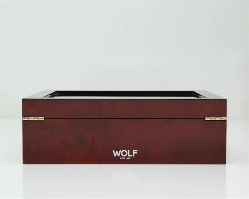 WOLF Savoy 10 Piece See Through  Top Watch Box Case Burlwood