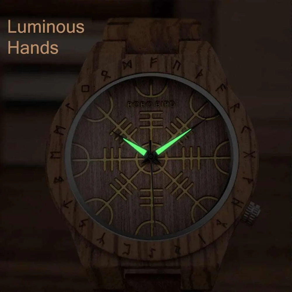 WOODEN VIKING WATCH WITH HELM OF AWE DESIGN