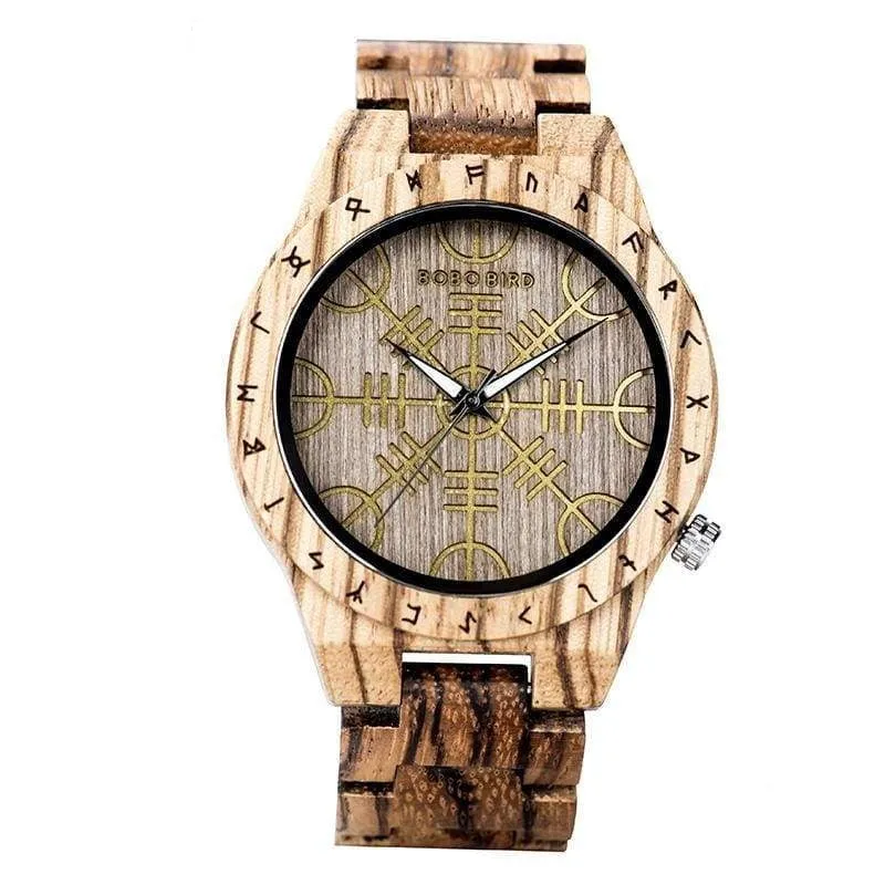 WOODEN VIKING WATCH WITH HELM OF AWE DESIGN