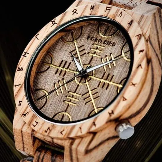 WOODEN VIKING WATCH WITH HELM OF AWE DESIGN