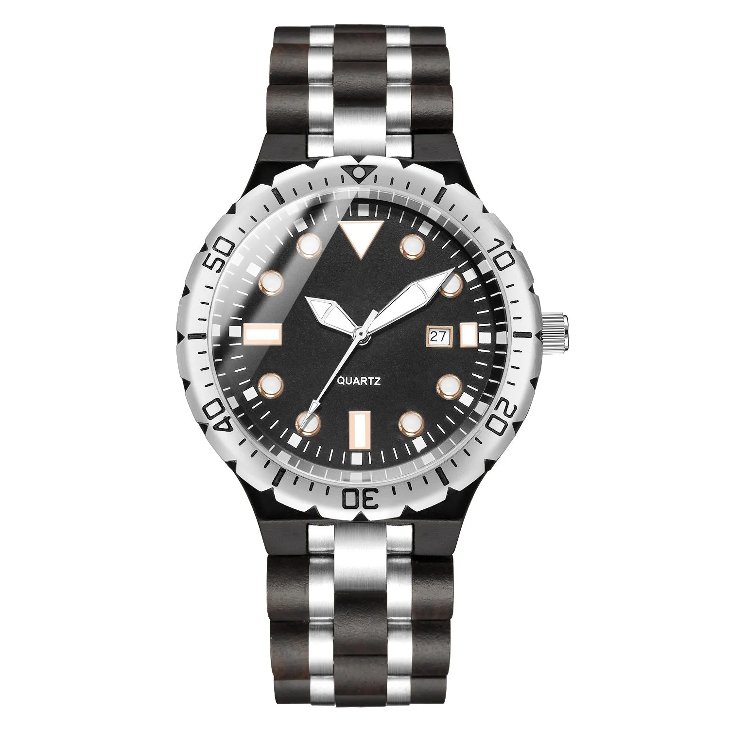 Wrolex Silver - Stainless Steel & Ebony Wood Watch