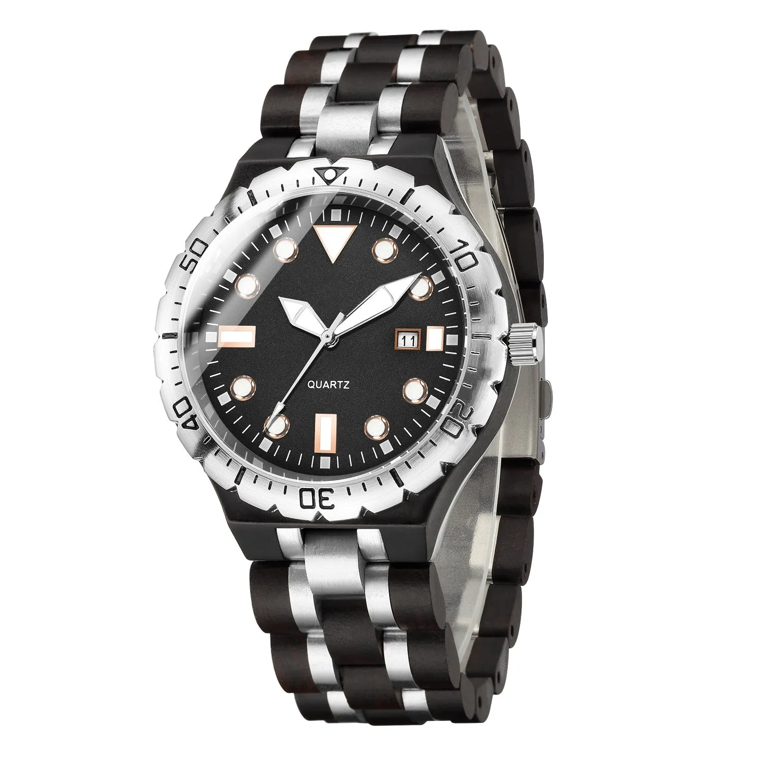 Wrolex Silver - Stainless Steel & Ebony Wood Watch